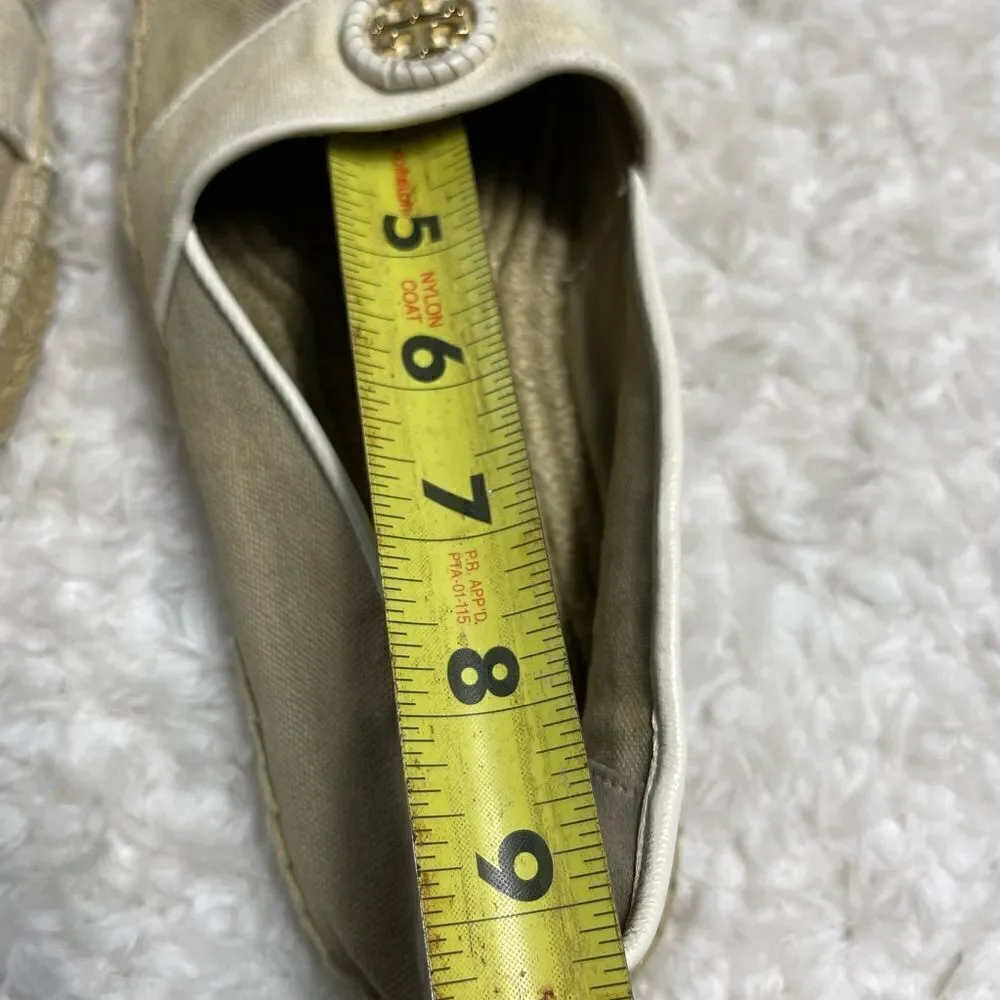 Tory Burch Canvas Khaki & beige espadrilles slip on gold tone logo accent SZ9.5